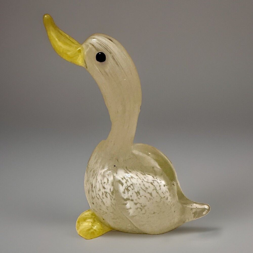 Vintage Venetian Art Glass Duck Figurine Hand Blown White Yellow Made in Italy